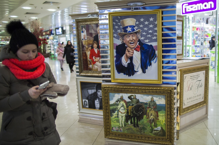 A caricature of U.S. President Donald Trump, which costs 70,000 rubles (about $1,200), is for sale in a shopping mall in Moscow.
