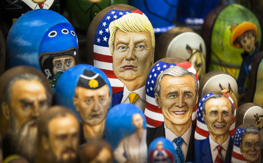 Matryoshkas, traditional Russian wooden dolls, including a doll of U.S. President Donald Trump, top, are displayed for sale in Moscow, Russia, on Thursday. Trump has repeatedly said that he aims to improve relations with Russia, but Moscow appears frustrated by the lack of visible progress as well as by support from Trump Administration officials for continuing sanctions imposed on Russia for its interference in Ukraine.