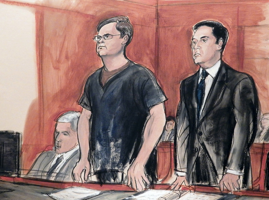 FILE - In this May 25, 2016, courtroom drawing, defendant Evgeny Buryakov, left, stands with his attorney Scott Hershman during sentencing on espionage charges in New York. U.S. intelligence agencies have been concerned for years about Russian efforts to infiltrate American society and government. Those concerns came long before Russian intelligence agencies stood accused of interfering in the U.S. presidential election and of orchestrating a massive Yahoo data breach. It???s not surprising that once the public understands the capabilities and motives of Russian intelligence ???that there???s a great deal of concern about their ability to gather intelligence and use it to influence real-world events,??? said Adam Fee, who was lead prosecutor in the 2015 prosecution of Evgeny Buryakov, who posed as a banker in New York while spying on the U.S.