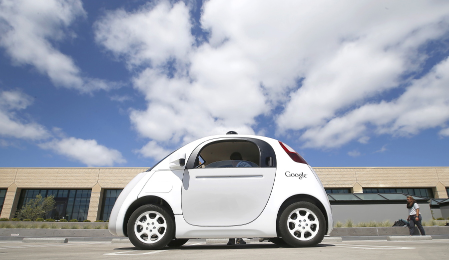 Google&#039;s self-driving prototype car is introduced at the Google campus in Mountain View, Calif., in May 2015.