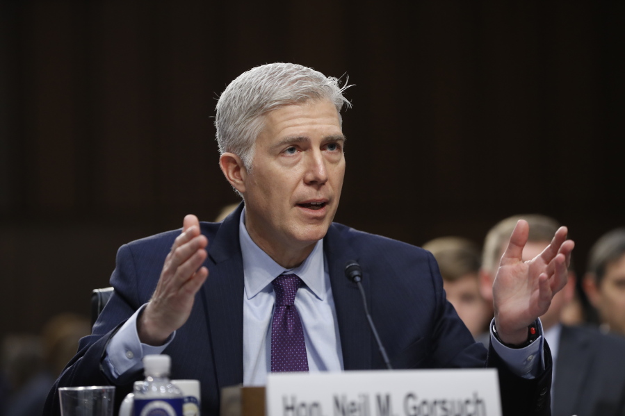 Supreme Court Justice nominee Neil Gorsuch testifies on Capitol Hill in Washington on Tuesday during his confirmation hearing before the Senate Judiciary Committee.