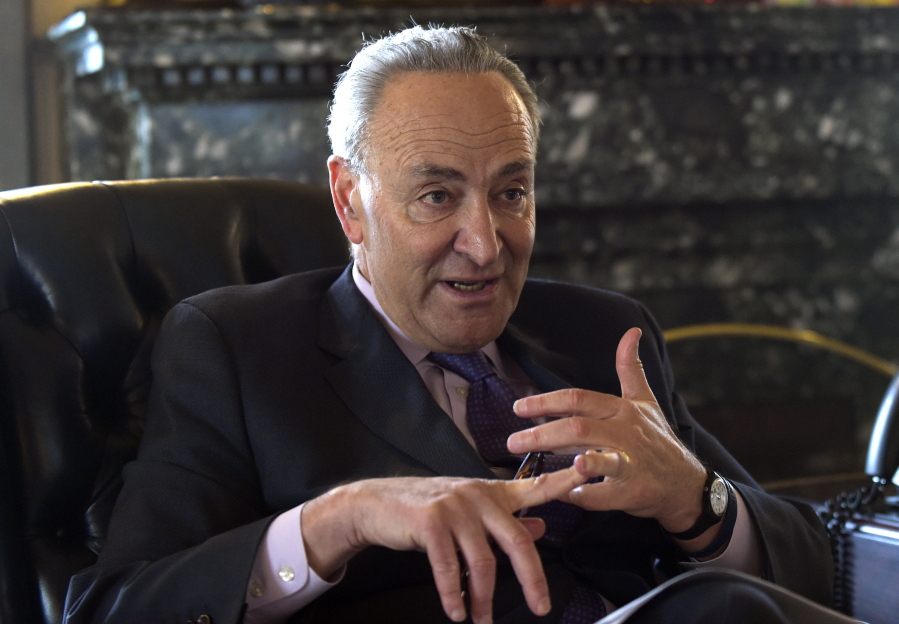 Senate Minority Leader Sen. Charles Schumer of N.Y., speaks during an interview in his office on Capitol Hill in Washington, Thursday, March 30, 2017.