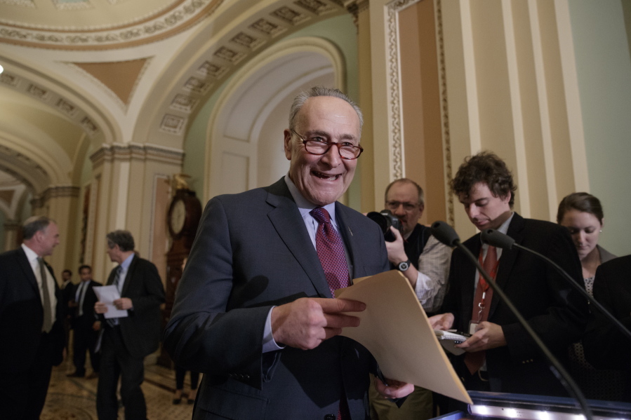 Senate Minority Leader Chuck Schumer of N.Y. arrives to speak with reporters about his opposition to Supreme Court nominee Neil Gorsuch on Tuesday on Capitol Hill in Washington. (AP Photo/J.