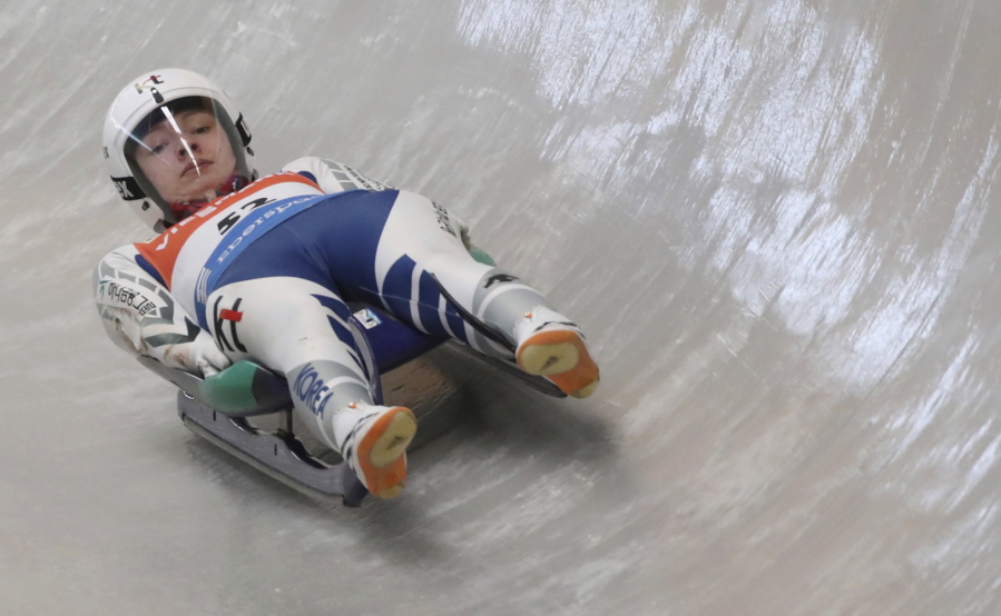Luge athlete Aileen Frisch speeds down the track Feb. 16 during the official training for the Luge World Cup competition at the Alpensia Sliding Centre in Pyeongchang, South Korea. The 2018 Olympics in Pyeongchang will be televised live in all time zones NBC announced.