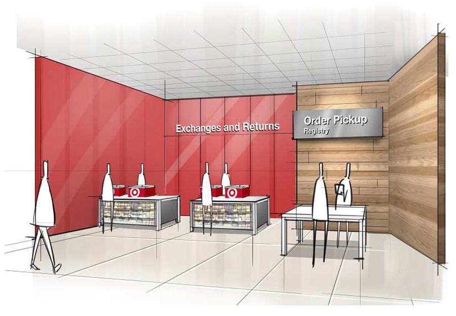 This rendering of a redesigned Target store features an &quot;ease&quot; entrance to the Exchange/Returns and Order Pickup sections of the store. Target announced Monday an ambitious redesign of its stores, aimed at helping people who need to dash in for essentials to get out quickly while encouraging those who want to wander the aisles to linger.
