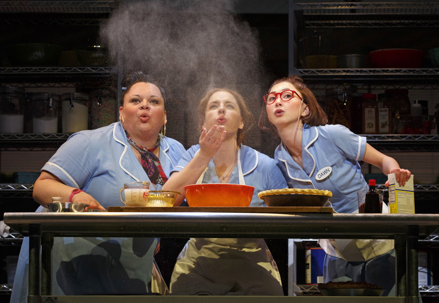 Keala Settle, from left, Jessie Mueller and Kimiko Glenn during a performance of &quot;Waitress,&quot; at the Brooks Atkinson Theatre in New York.