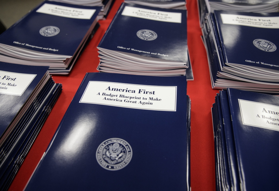 Copies of President Donald Trump&#039;s first budget are displayed at the Government Printing Office on Thursday in Washington. (j.