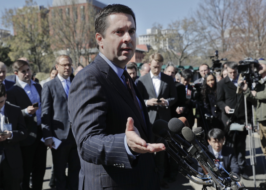 House Intelligence Committee Chairman Rep. Devin Nunes, R-Calif., speaks with reporters Wednesday outside the White House following a meeting with President Donald Trump.