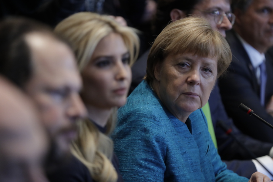 German Chancellor Angela Merkel sits next to Ivanka Trump during a meeting with President Donald Trump at the White House in Washington, Friday, March 17, 2017.