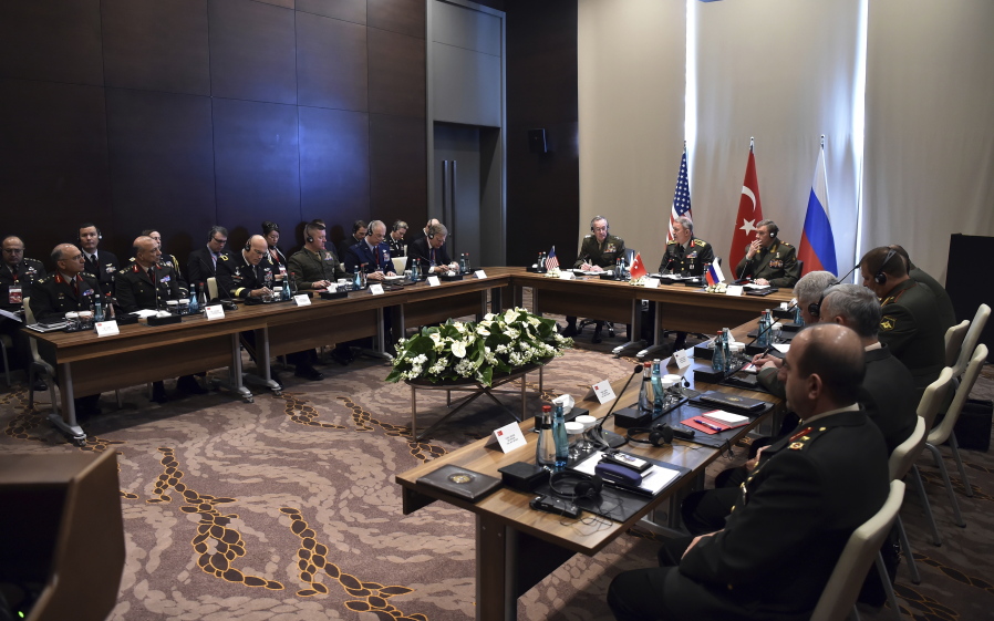 Turkey&#039;s Chief of Staff Gen. Hulusi Akar, center, U.S. Chairman of the Joint Chiefs of Staff Gen. Joseph Dunford, left, and Russia&#039;s Chief of Staff Gen. Valery Gerasimov and their delegations attend a meeting in the Mediterranean coastal city of Antalya, Turkey, Tuesday, March 7, 2017. Turkey&#039;s military says the Turkish, U.S. and Russian chiefs of military staff are meeting in southern Turkey to discuss developments in Syria and Iraq. The meeting comes amid renewed Turkish threats to hit U.S.-backed Syrian Kurdish targets in the northern Syrian city of Manbij.