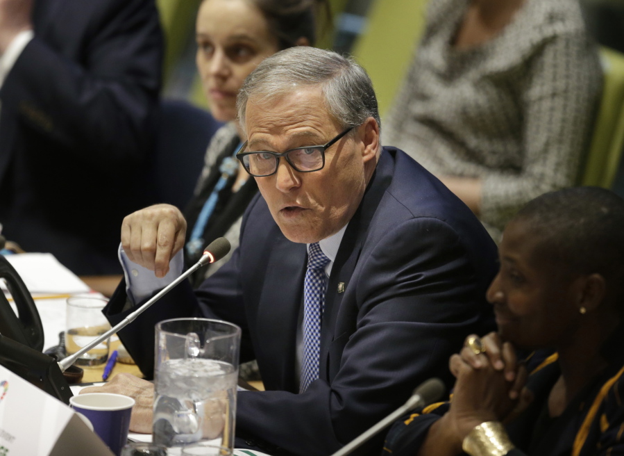Washington governor Jay Inslee speaks during a meeting about climate change and sustainable development at United Nations headquarters on Thursday.