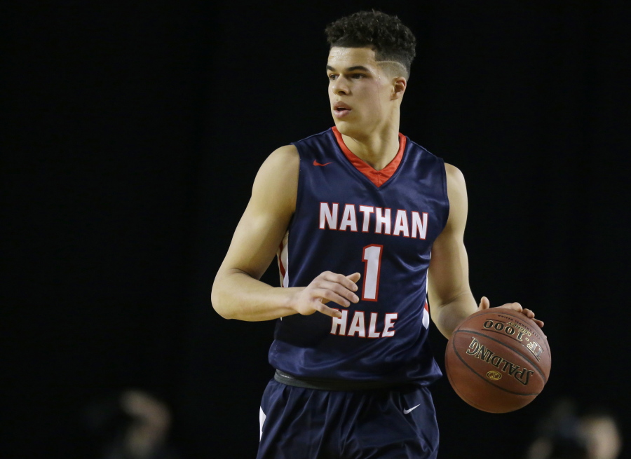 Nathan Hale forward Michael Porter Jr. dribbles downcourt against Garfield in the first half of the Washington state March 4, 2017, in Tacoma, Wash. (AP Photo/ (Ted S.