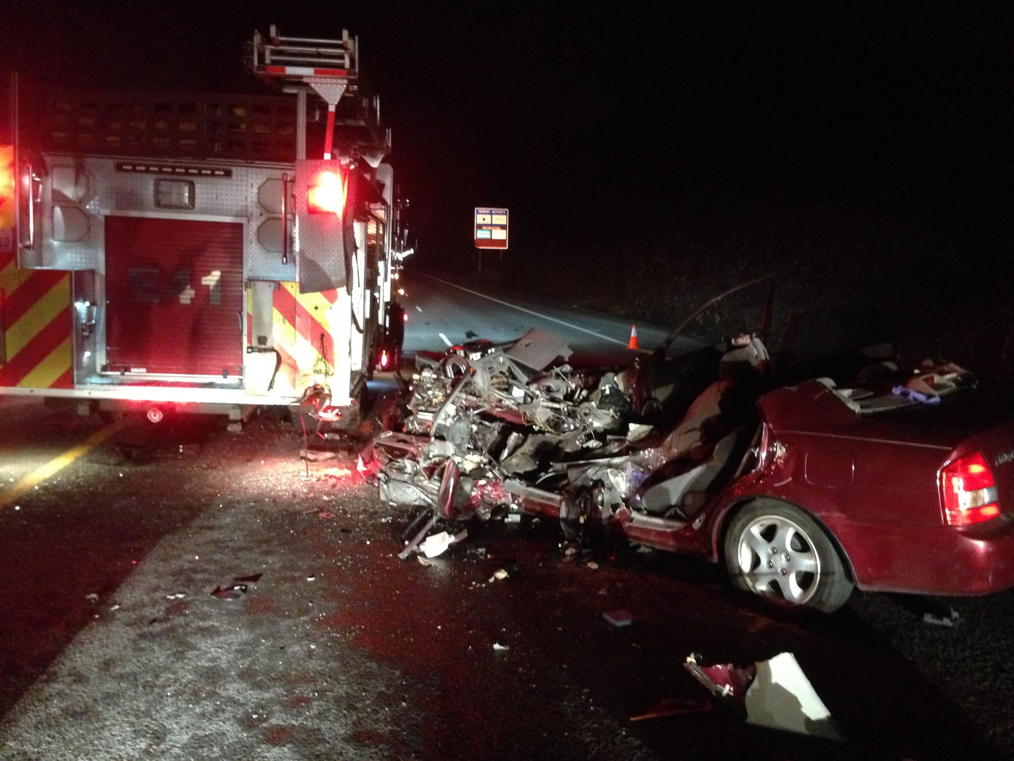 The driver of a vehicle that crashed into a fire engine on state Highway 14 on Wednesday night was seriously injured. The crew on the engine were just about to leave the scene of another crash.