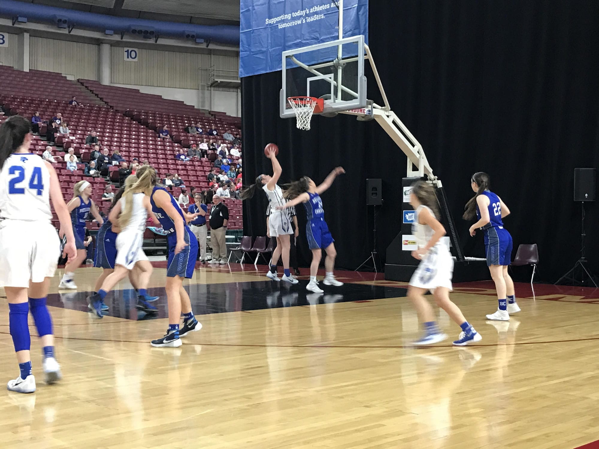 La Center's Taylor Mills goes up for two of her eight points during Friday's consolation semifinal against Bellevue Christian. The Wildcats lost, 44-33, to end their season at 23-3 overall.
