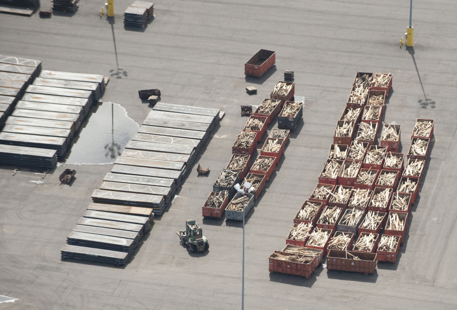 Aerial view of commodities being transported at the Port of Vancouver. The port announced it shipped a record 7.5 million metric tons in 2016.