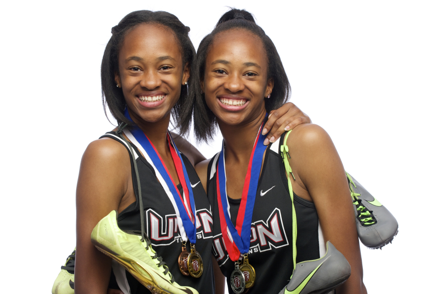 Union seniors Jai’lyn, left, and Dai’lyn Merriweather both set meet records as individuals and part of a relay at the Oregon Relays in Eugene, Ore., on Saturday.