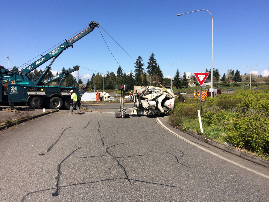 A concrete truck crashed at the Interstate 5 entrance off of Fourth Plain Boulevard in Vancouver on Saturday.