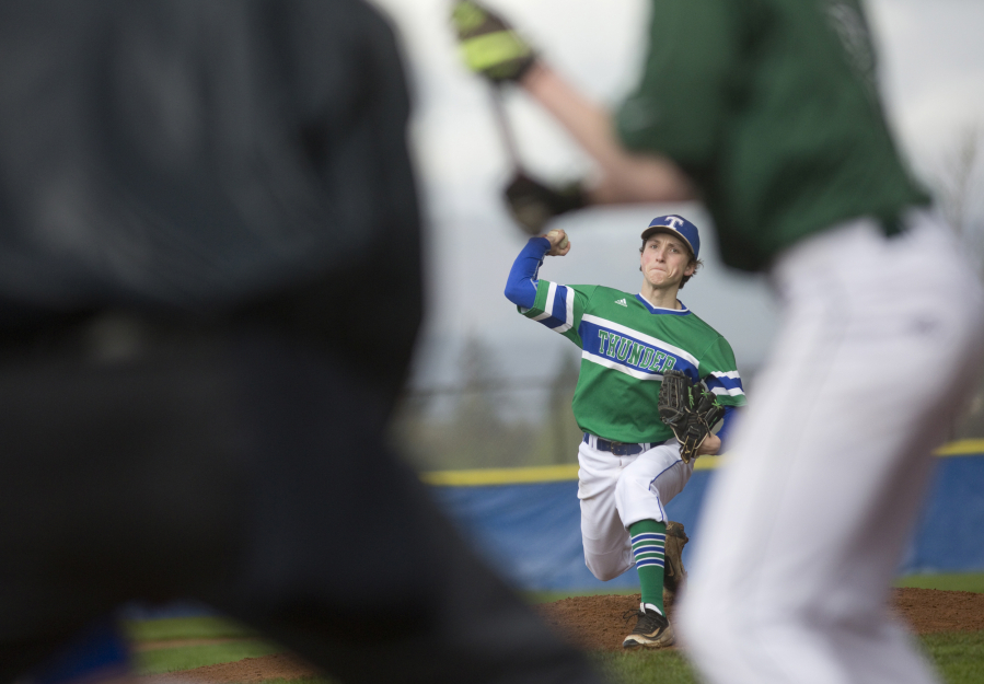 A Mountain View pitcher throws the ball in a game against Evergreen in Vancouver Thursday April 26, 2016.