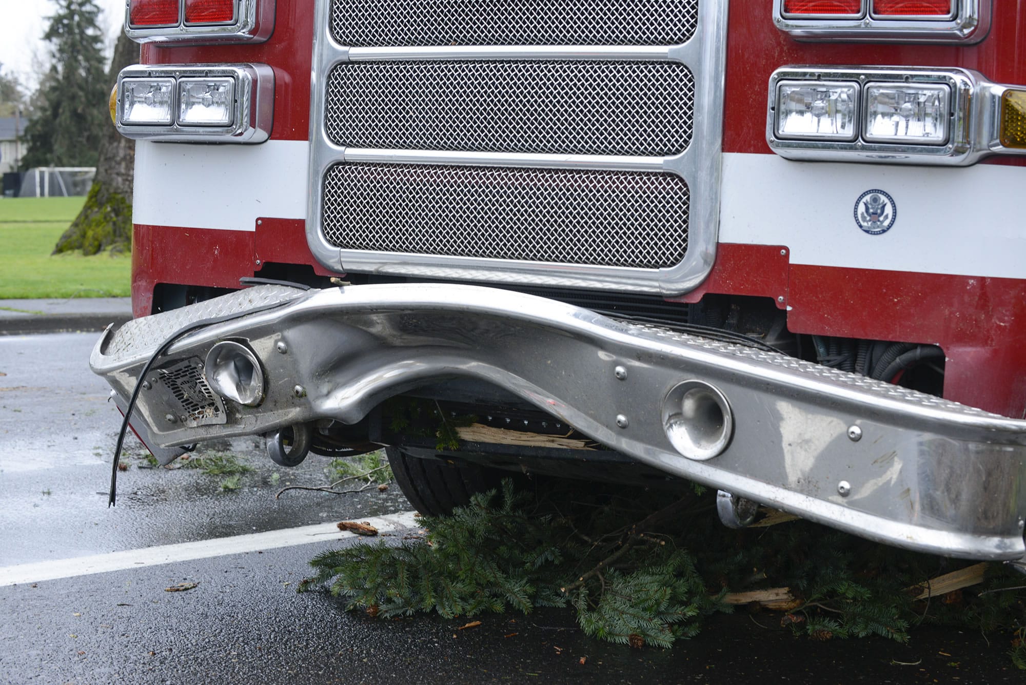 A Vancouver firetruck was damaged after a large tree fell on it on East Mill Plain Boulevard in Vancouver Friday.