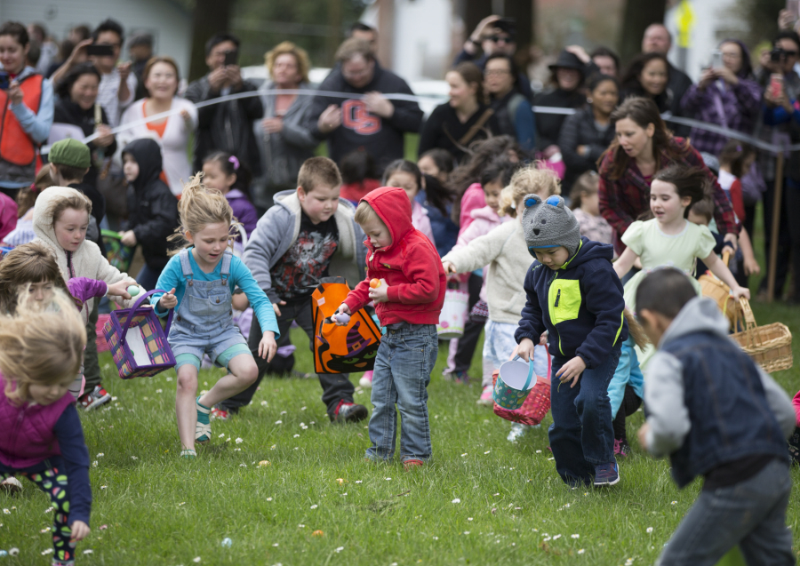 The mad dash is underway as 4- and 5-year-olds scramble at the start of the annual Easter egg hunt in Camas&#039; Crown Park on Sunday. Even with 14,000 eggs to find, the hunt itself was over in just a few minutes. (Randy L.