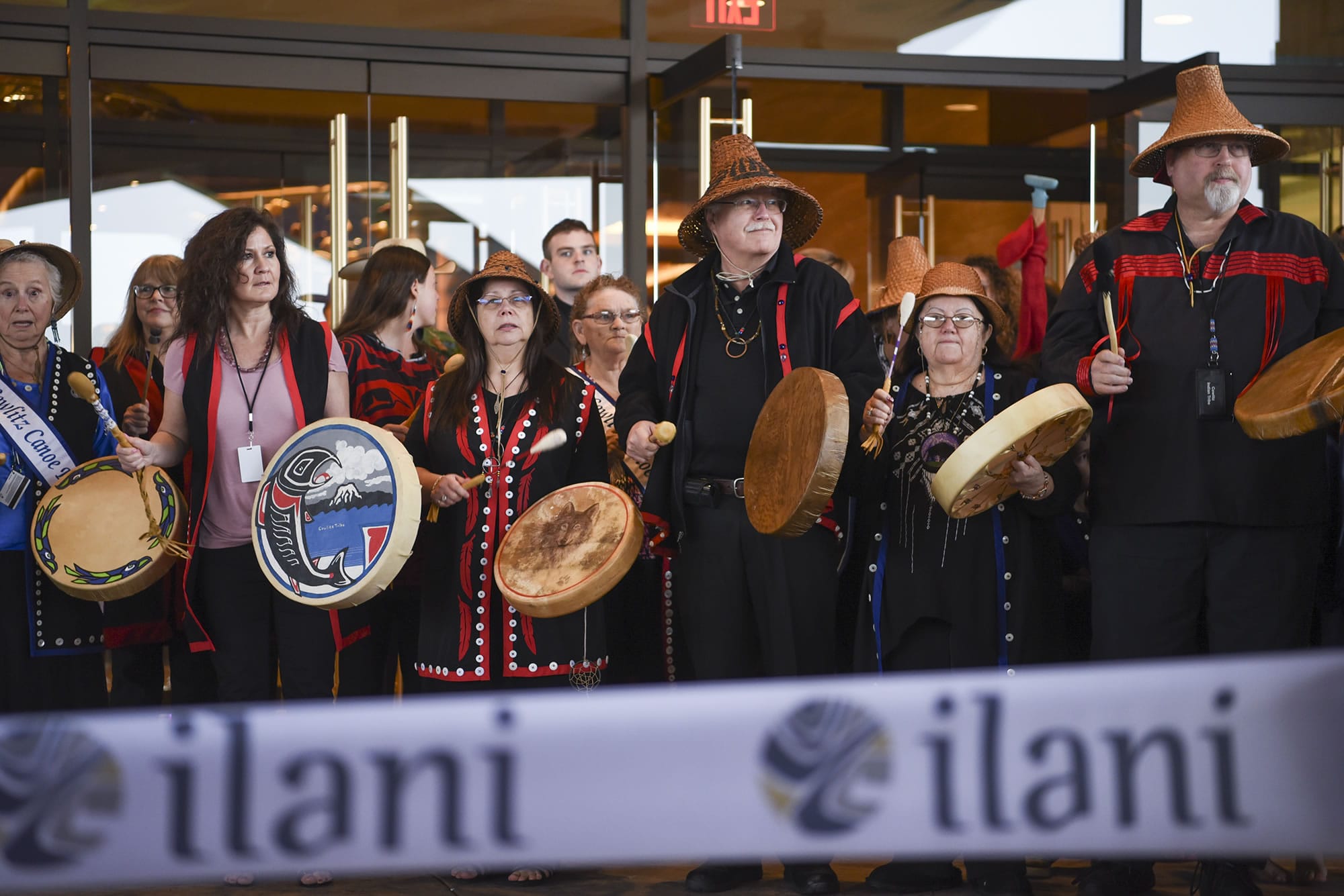 Members of the Cowlitz Drum Group perform during a ceremony for the grand opening of Ilani Casino Resort near La Center on April 24.