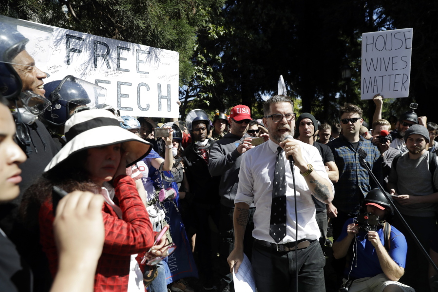 Gavin McInnes speaks at a rally for free speech Thursday, April 27, 2017, in Berkeley, Calif. Demonstrators gathered near the University of California, Berkeley campus amid a strong police presence and rallied to show support for free speech and condemn the views of Ann Coulter and her supporters.