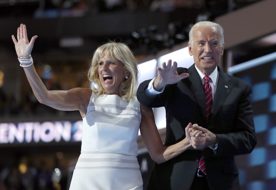 Dr. Jill Biden and Vice President Joe Biden wave after speaking to delegates during the third day session of the Democratic National Convention in Philadelphia in 2016.