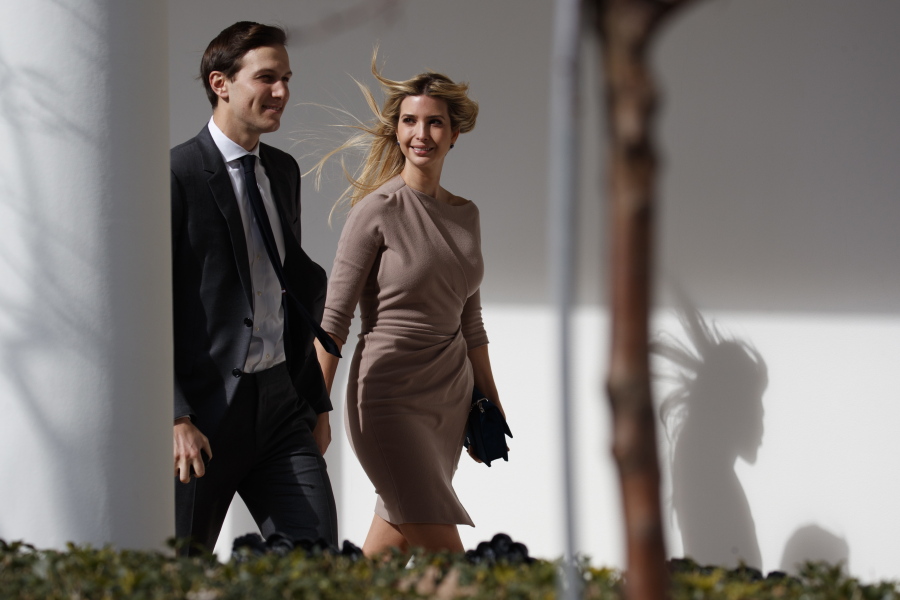 Ivanka Trump, right, walks with her husband, Jared Kushner, senior adviser to the president, to a news conference with President Donald Trump and Japanese Prime Minister Shinzo Abe, at the White House in Washington.