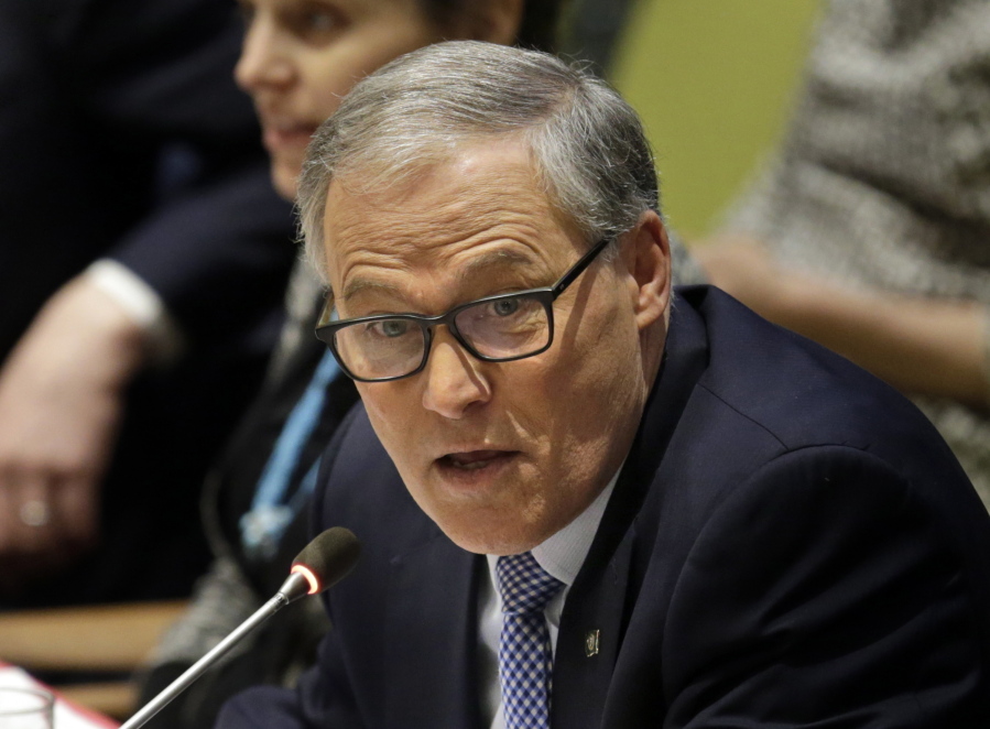 Washington Gov. Jay Inslee speaks during a meeting about climate change and sustainable development at United Nations headquarters.