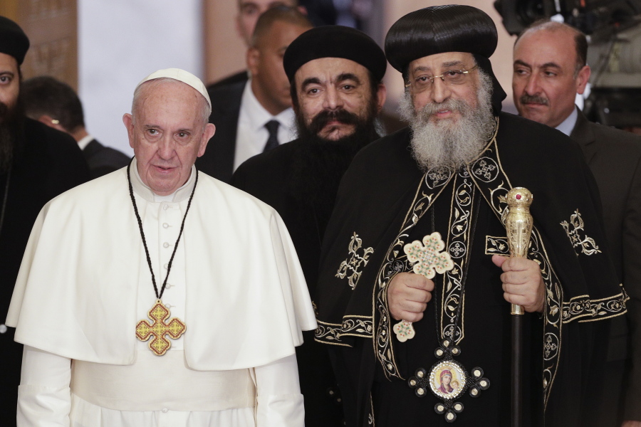 Pope Francis, left, is flanked by Pope Tawadros II, spiritual leader of Egypt&#039;s Orthodox Christians, 2nd from right, at Cairo&#039;s St. Mark&#039;s Cathedral, Friday, April 28, 2017. Francis is in Egypt for a two-day trip aimed at presenting a united Christian-Muslim front that repudiates violence committed in God&#039;s name.