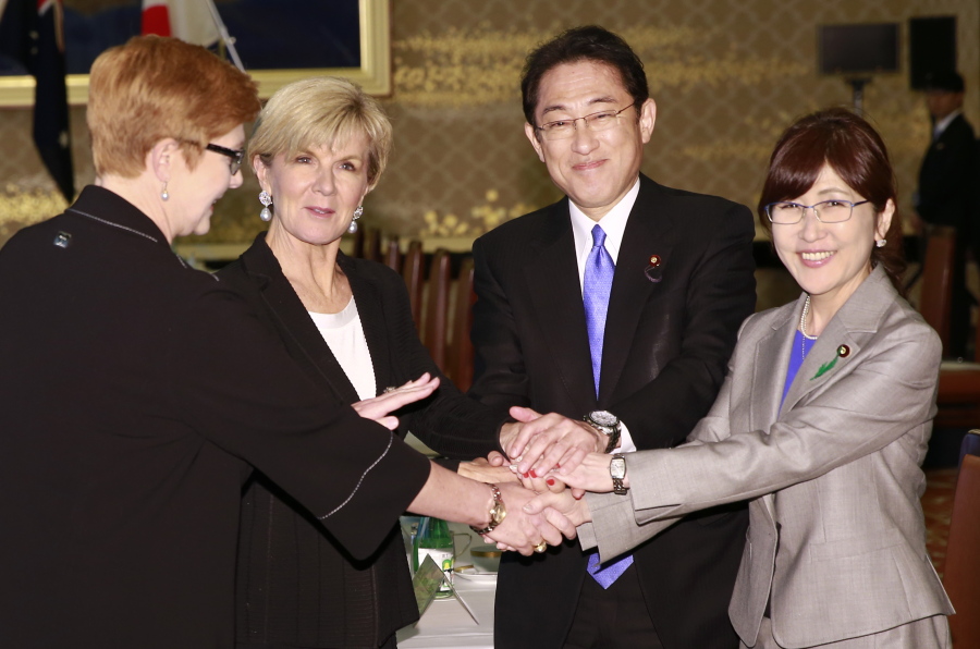 Australian Defense Minister Marise Payne, left, Australian Foreign Minister Julie Bishop, second left, Japanese Foreign Minister Fumio Kishida, second right, and Defense Minister Tomomi Inada pose for photographers at the start of &quot;2+2&quot; talks at Japanese Foreign Ministry&#039;s Iikura Guesthouse in Tokyo,Thursday, April 20, 2017.