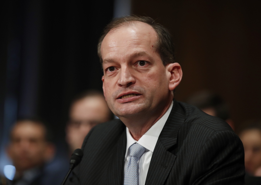 Labor secretary-designate Alexander Acosta testifies March 22 on Capitol Hill in Washington. Vice President Mike Pence swore in Acosta on Friday as the nation&#039;s new labor secretary, filling out President Donald Trump&#039;s Cabinet as he approaches his 100th day in office.