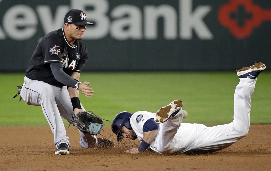 Seattle Mariners&#039; Mitch Haniger, right, slides in safely to second base as Miami Marlins shortstop Miguel Rojas waits for the ball in the first inning of a baseball game, Wednesday, April 19, 2017, in Seattle.