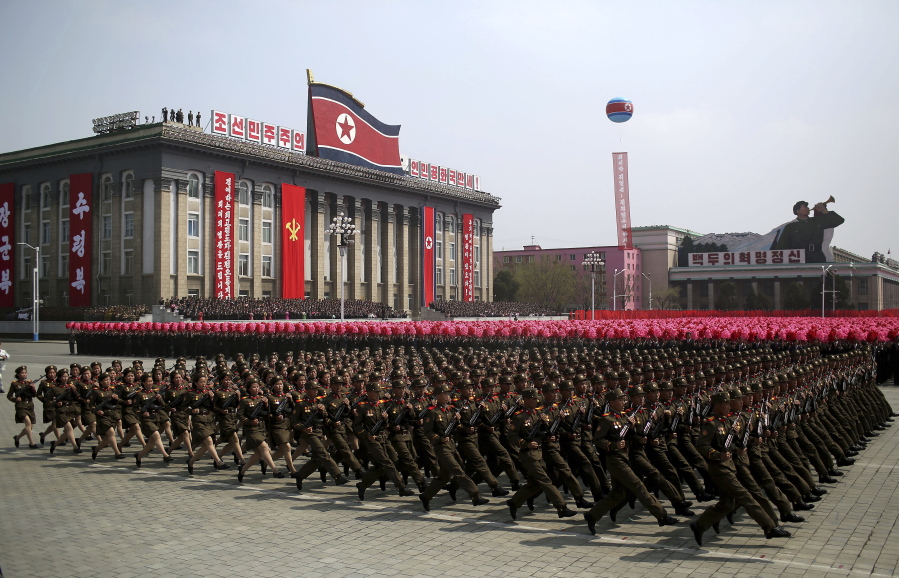 Soldiers march across Kim Il Sung Square during a military parade Saturday in Pyongyang, North Korea to celebrate the 105th birth anniversary of Kim Il Sung, the country&#039;s late founder and grandfather of current ruler Kim Jong Un.