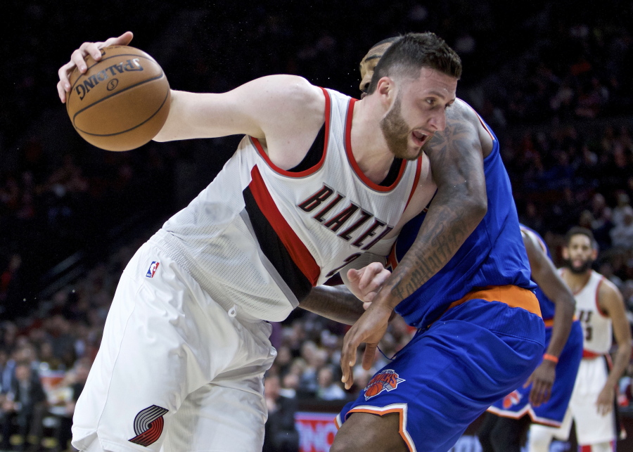 Portland Trail Blazers center Jusuf Nurkic, left, is still an unknown for the playoffs as he recovers from an injury.