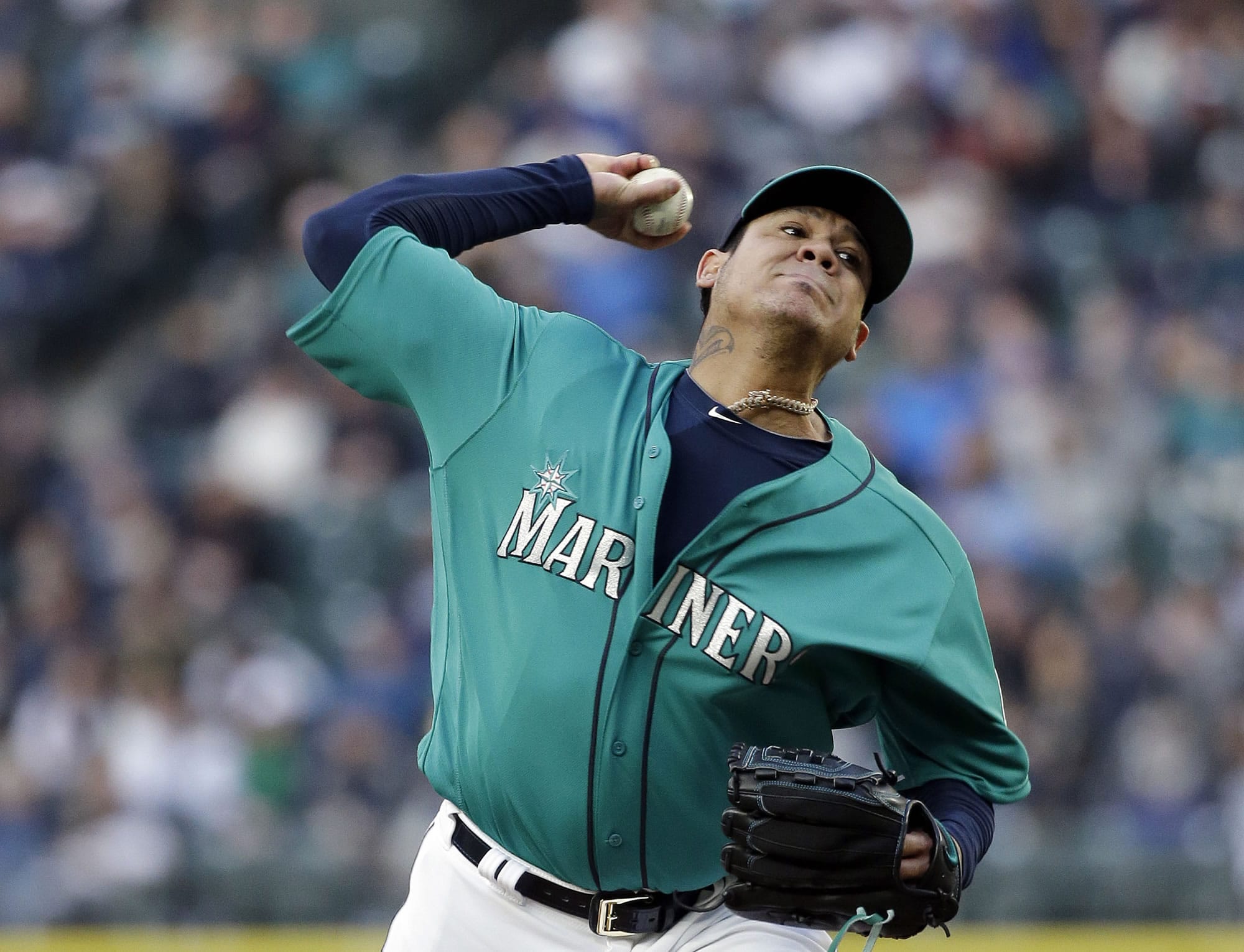Seattle Mariners starting pitcher Felix Hernandez throws against the Texas Rangers during the first inning of a baseball game Friday, April 14, 2017, in Seattle.