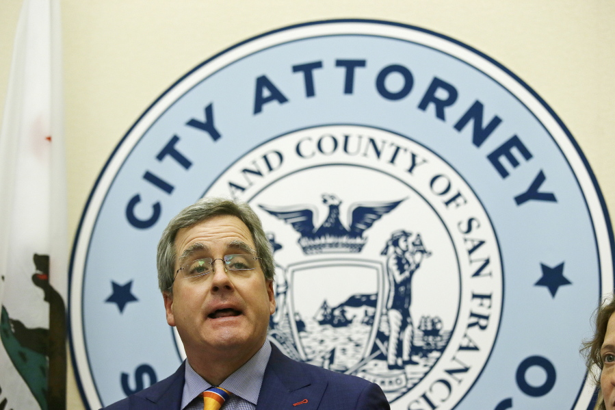 City Attorney Dennis Herrera talks about a federal judge&#039;s order blocking any attempt by the Trump administration to withhold money from &quot;sanctuary cities &quot;during a news conference at City Hall Tuesday, April 25, 2017, in San Francisco.