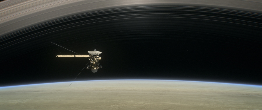 This image made available by NASA in April 2017 shows a still from the short film &quot;Cassini&#039;s Grand Finale,&quot; with the spacecraft diving between Saturn and the planet&#039;s innermost ring. Launched in 1997, Cassini reached Saturn in 2004 and has been exploring it from orbit ever since. CassiniC?Us fuel tank is almost empty, so NASA has opted for a risky, but science-rich grand finale.