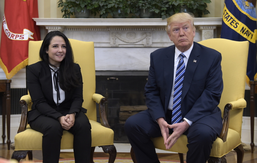 President Donald Trump meets Friday with Aya Hijazi, an Egyptian-American aid worker, in the Oval office of the White House in Washington. Hijazi, an Egyptian-American charity worker, was freed after nearly three years of detention in Egypt returning to the U.S. on Thursday, April 20, 2017. Trump said he believes the Thursday attack in Paris will influence that country&#039;s election.
