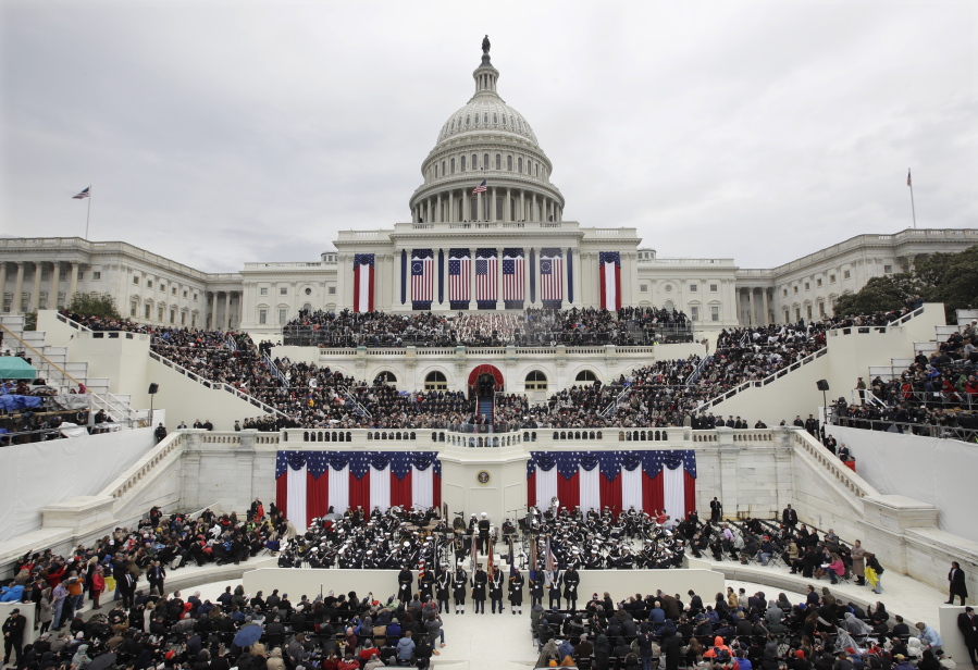 FILE- In this Jan. 20, 2017, file photo, President Donald Trump delivers his inaugural address after being sworn in as the 45th president of the United States during the 58th Presidential Inauguration at the U.S. Capitol in Washington. Trump raised $107 million for his inaugural festivities. TrumpC?Us inaugural committee is due to file information about those donors with the Federal Election Commission and said it would do so on Tuesday, April 18.