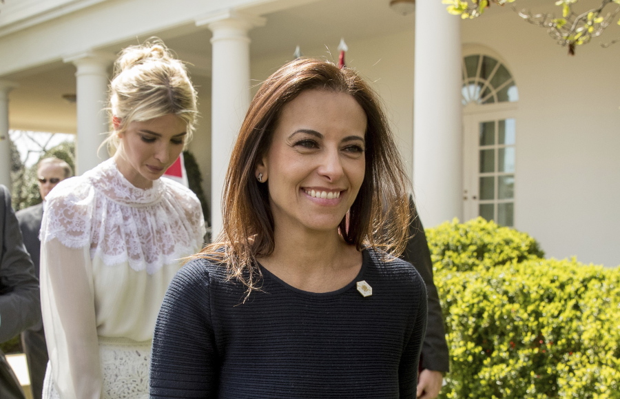 White House Senior Counselor for Economic Initiatives Dina Powell, followed by Ivanka Trump, leave news conference April 5 in the Rose Garden at the White House in Washington. In a White House split between outsider ideologues and more traditional operators, Powell is viewed as a steady force in the growing influence of the latter. A newer addition to the team, her West Wing experience, conservative background and policy chops have won over Trump's daughter and son-in-law. Now, as the president turns his attention to international affairs, attempting to craft a foreign policy out of a self-described "flexible" approach to the world, Powell is at the table.