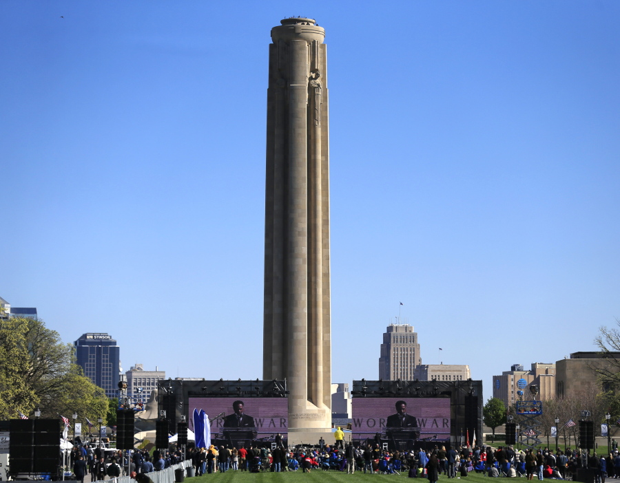 A crowd listens to Rep. Emanuel Cleaver II, D-Mo., during ceremonies at the nation&#039;s official WWI monument, Liberty Memorial, in Kansas City, Mo., Thursday, April 6, 2017. The observance marked the 100th anniversary of the day the U.S. entered World War I.