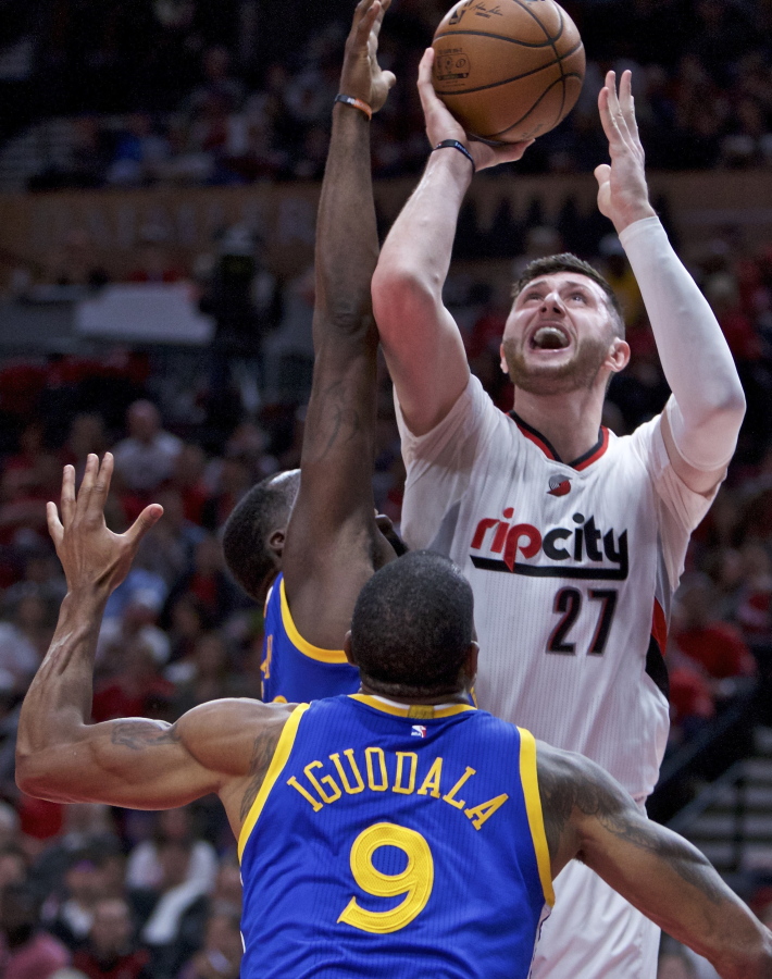 Portland Trail Blazers center Jusuf Nurkic, right, returned to action Saturday after missing nine games due to a broken bone in his leg. He said he played with pain in Game 3.