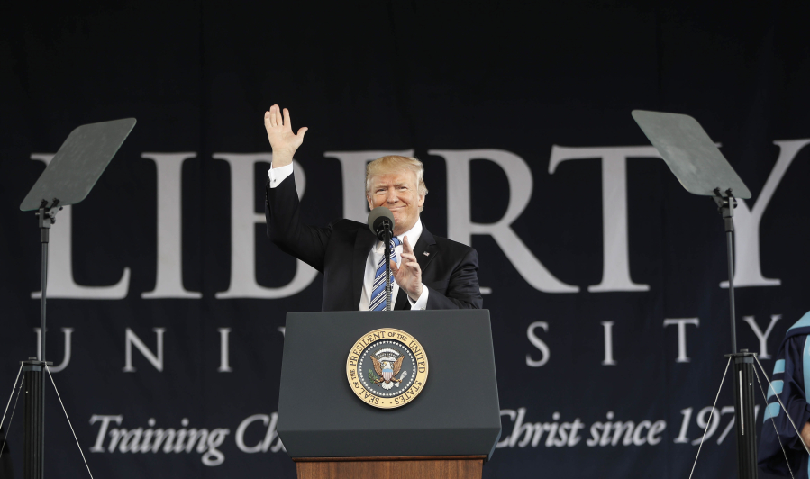 pablo martinez monsivais/Associated Press
President Donald Trump gives the commencement address Saturday at Liberty University in Lynchburg, Va.