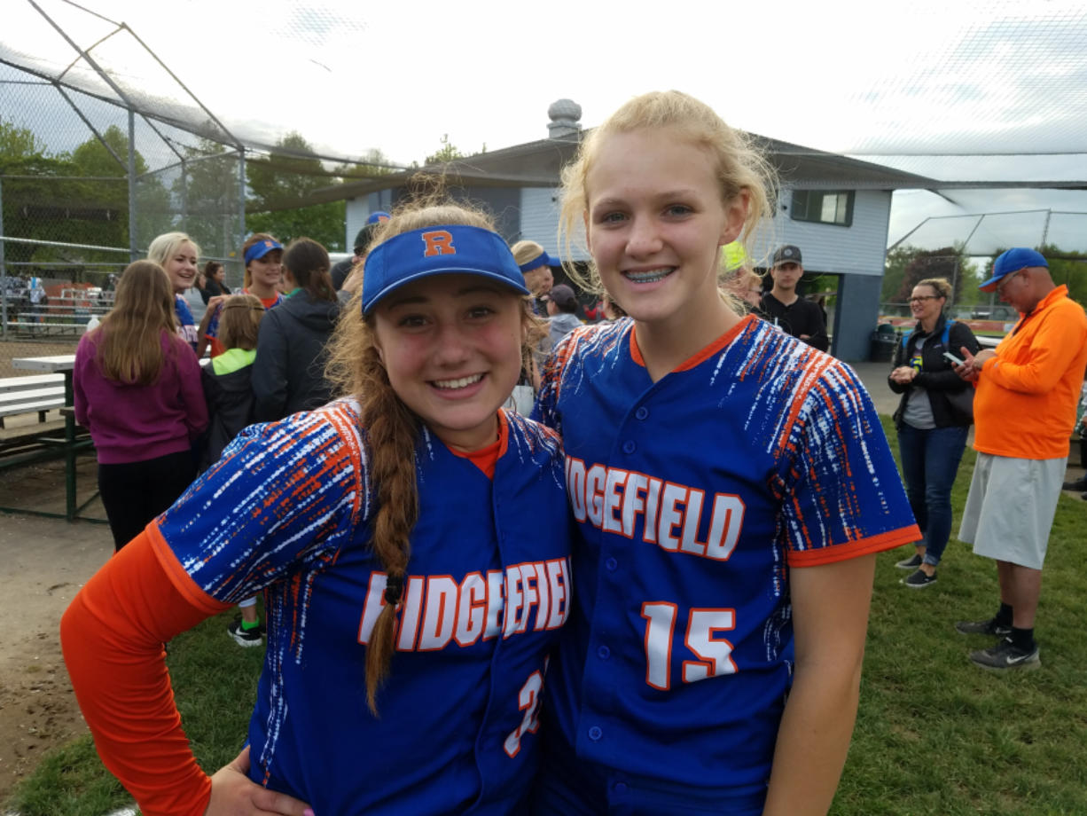 Mia Tomillo and Kaia Oliver of Ridgefield softball team.