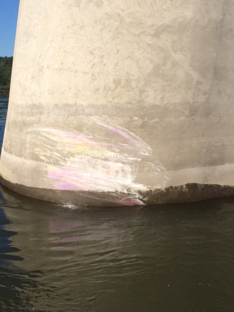 The point of impact on one of the Interstate 205 bridge's support columns, where a speed boat struck the column Monday night. The crash left one of the two boaters dead.