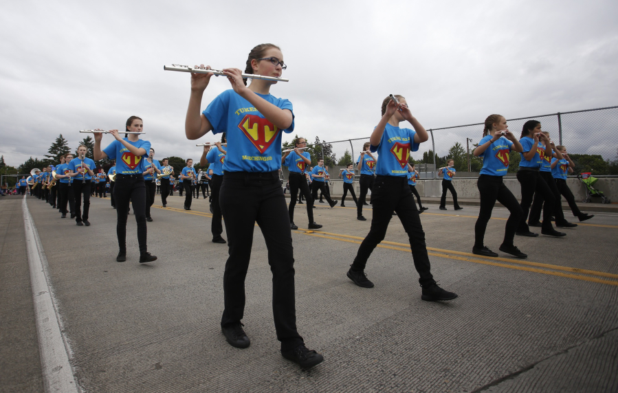 The Tukes Valley Middle School Band of Battle Ground marched in the 2016 edition of the Hazel Dell Parade of Bands.