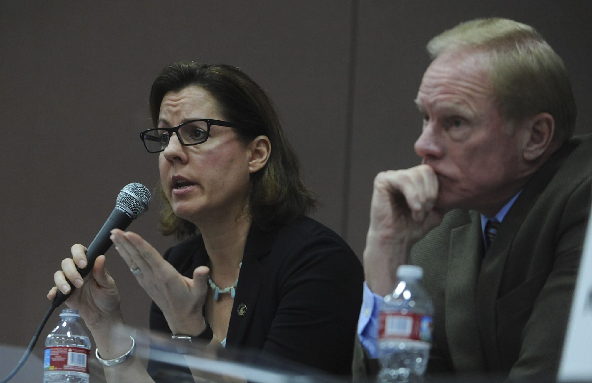 Sen. Ann Rivers, left, with Rep. Paul Harris, answers questions at aat Roosevelt Elementary in Vancouver in March. Rivers, R-La Center, one of the key negotiators of the school funding package, is optimistic lawmakers won't need the entire 30-day special session to finish the state budget.