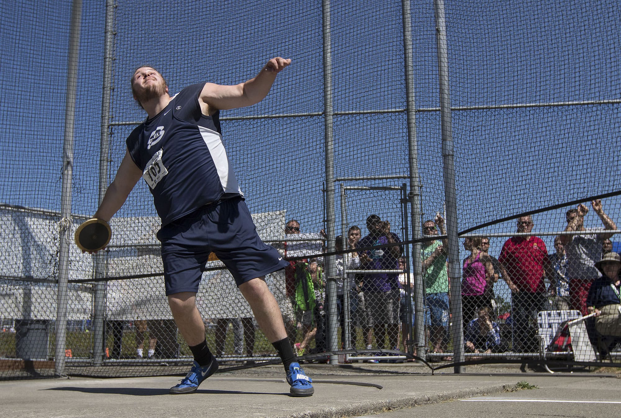 Skyview's Conner Jensen gets ready to uncork a throw in the 4A Boys Discus Throw event at the WA State Track and Field Meet Friday, May 26, 2017, in Tacoma, Wash. Jensen won the event with a toss of 183' 7".