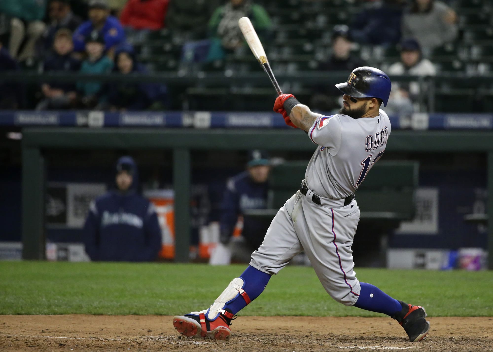 Texas Rangers' Rougned Odor hits a go-ahead two-run home run in the 13th inning of a baseball game against the Seattle Mariners, Friday, May 5, 2017, in Seattle. (AP Photo/Ted S.